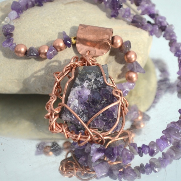 Conceptual Subculture Jewelry - Amethyst Geode Pendant Purple Necklace Copper Boho